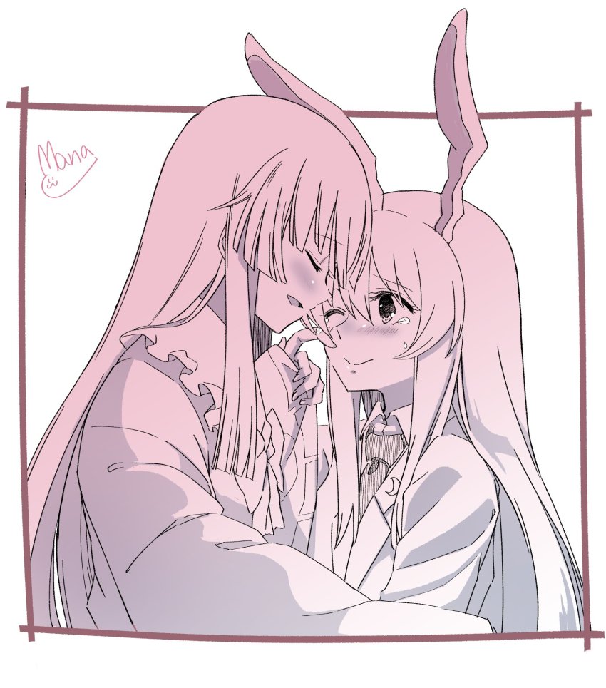 2girls, animal_ears, blazer, rabbit_ears, crescent, dress, closed_eyes, hand_on_another's_face