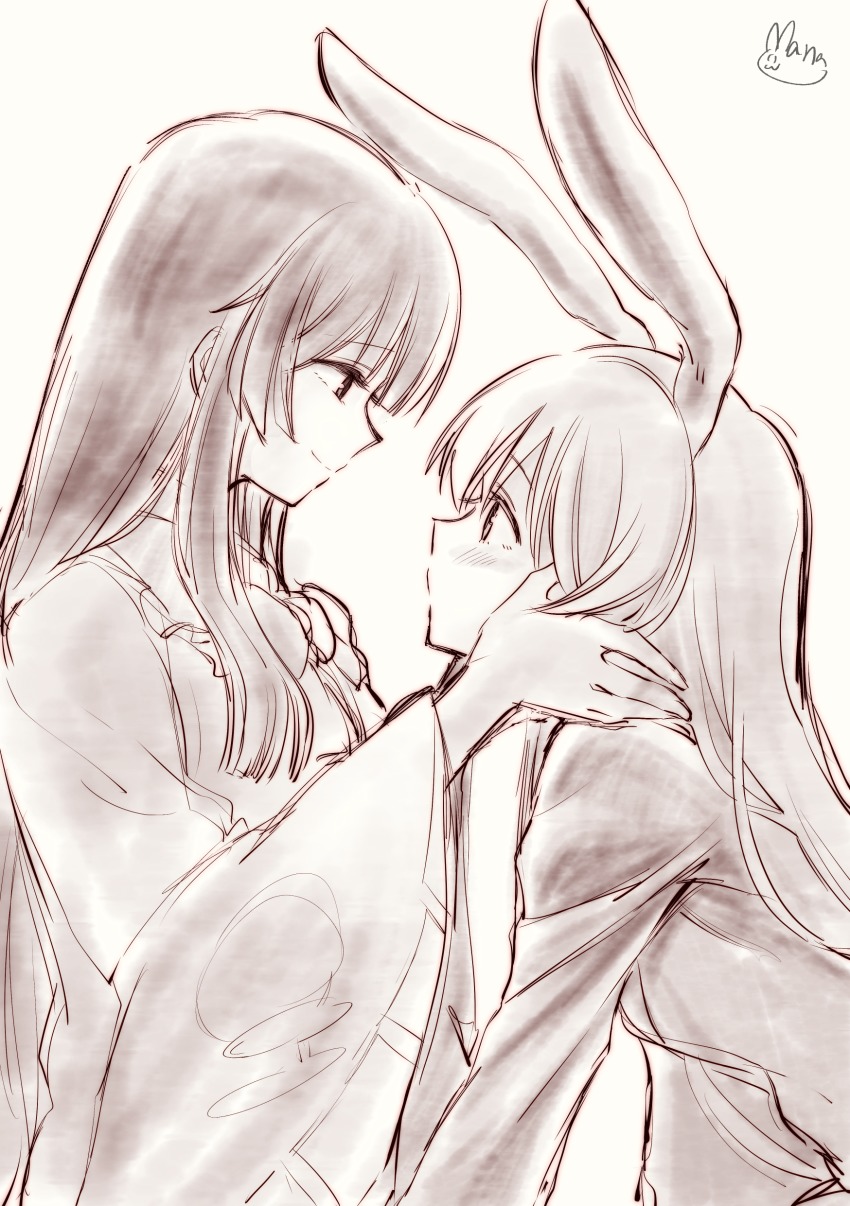 2girls, absurdres, animal_ears, blazer, commentary_request, dress, from_side, hands_on_another's_cheeks