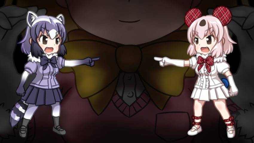 10s, 3girls, animal_ears, ankleband, bad_id, bad_nicoseiga_id, black_gloves, black_hair, black_skirt, bow, bowtie, breast_pocket, brown_eyes, common_raccoon_(kemono_friends), elbow_gloves, extra_ears, fang, fennec_(kemono_friends), fur_collar, gloves, grey_hair, kemono_friends, koala_ears, koala_tail, looking_at_another, miniskirt, multicolored_hair, multiple_girls, open_mouth, palcoarai-san_(kemono_friends), pantyhose, plaid_clothes, plaid_neckwear, pleated_skirt, pocket, pointing, pointing_at_another, pointing_forward, raccoon_ears, raccoon_tail, short_sleeves, skirt, smile, tail, vostok_(vostok061), white_footwear, white_gloves, white_hair, white_skirt, yellow_neckwear