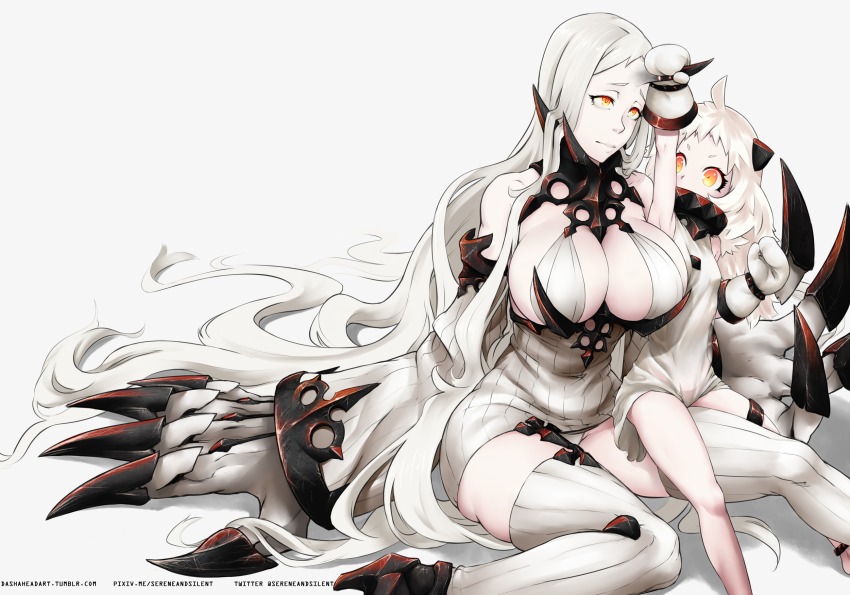 2girls, abyssal_ship, ahoge, breasts, claws, detached_sleeves, dress, expressionless