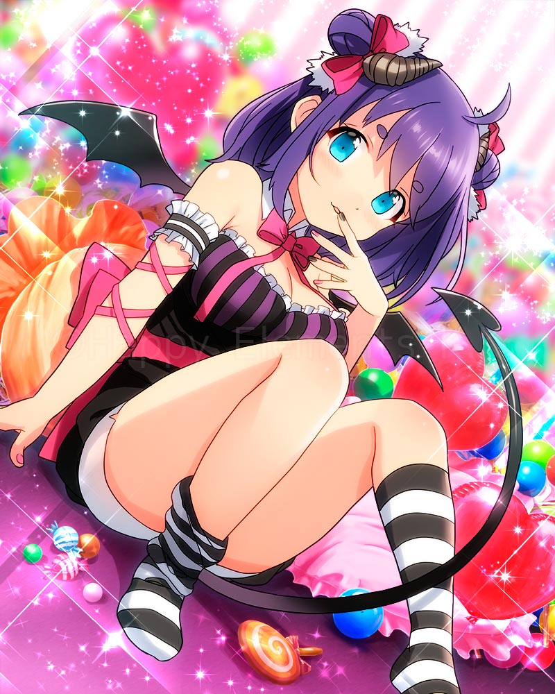 1girl, bare_shoulders, blue_eyes, blush, breasts, cleavage, demon_girl, demon_horns, demon_tail, demon_wings, double_bun, ensemble_girls!, feet, female_focus, full_body, hair_bun, hair_ribbon, horns, kirishima_kairi, kneehighs, long_hair, looking_at_viewer, medium_breasts, nail_polish, no_shoes, parted_lips, purple_hair, ribbon, sitting, socks, solo, sparkle, striped_clothes, striped_socks, tail, thick_eyebrows, wings