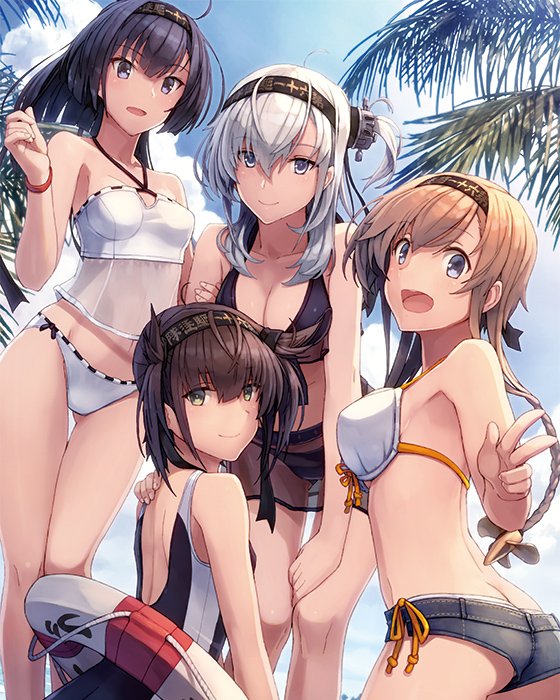 4girls, :d, akizuki_(kancolle), akizuki_(swimsuit)_(kancolle), ass, bikini, black_bikini, black_hair
