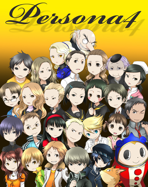 6+boys, 6+girls, absolutely_everyone, adachi_tooru, amagi_yukiko, atlus, bad_id, bad_pixiv_id, bald, black_hair, blonde_hair, blue_eyes, blunt_bangs, blush, brown_eyes, brown_hair, buttons, contemporary, curly_hair, doujima_nanako, doujima_ryoutarou, ebihara_ai, everyone, fox, grey_eyes, grey_hair, hanamura_yousuke, head_tilt, ichijou_kou, igor_(persona), juufuu&amp;hiori, konishi_naoki, konishi_saki, kubo_mitsuo, kujikawa_rise, kuma_(human)_(persona_4), kuma_(persona_4), kuroda_hisano, long_nose, looking_at_viewer, margaret, margaret_(persona), margaret_(persona_4), matsunaga_ayane, megami_tensei, minami_eri, multiple_boys, multiple_girls, nagase_daisuke, nakajima_shu, namatame_tarou, narukami_yu, old, old_man, old_woman, ozawa_yumi, persona, persona_4, sailor_collar, satonaka_chie, school_uniform, serafuku, shin_megami_tensei, shirogane_naoto, standing, tatsumi_kanji, twintails, uehara_sayoko, veil