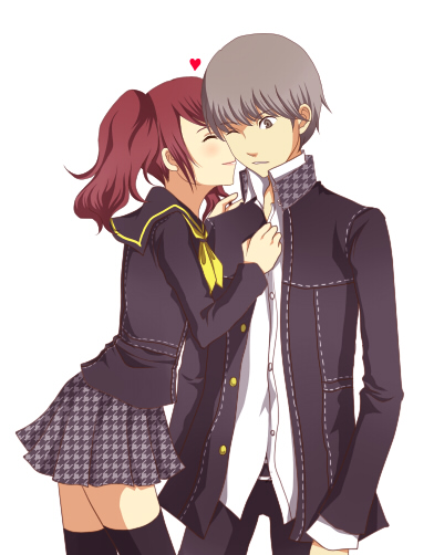 1boy, 1girl, atlus, bad_id, bad_pixiv_id, chisa_(koimo), hetero, imoimo, kiss, kujikawa_rise, narukami_yu, persona, persona_4, school_uniform, thighhighs