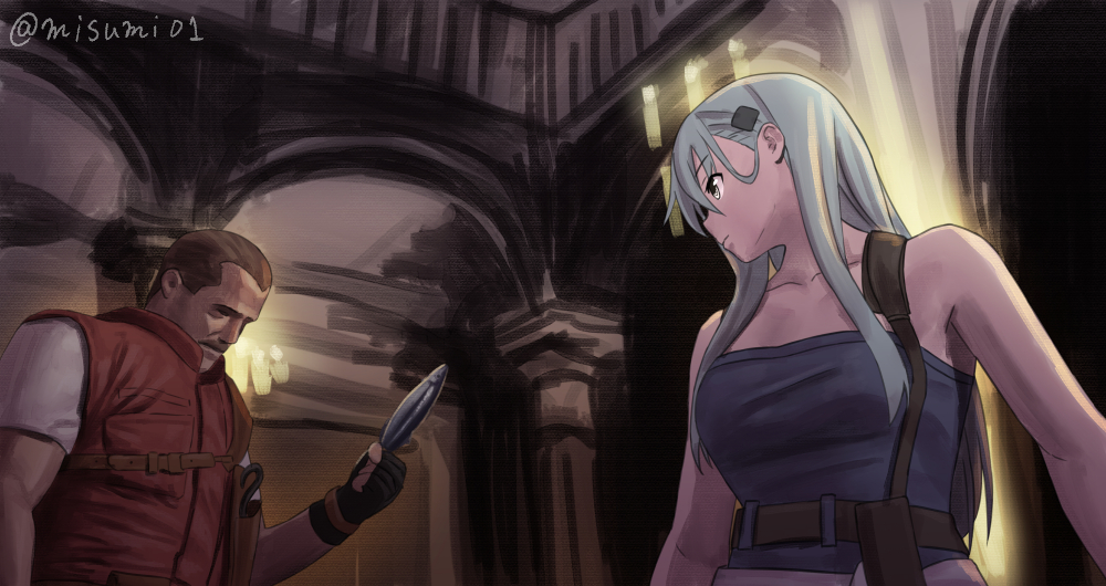 1boy, 1girl, alternate_costume, barry_burton, black_gloves, brown_hair, collarbone, commentary_request