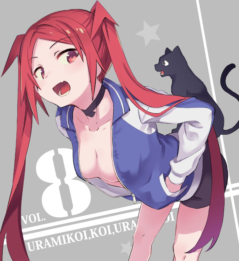 1girl, arched_back, artist_request, black_cat, black_choker, black_shorts, breasts, cat