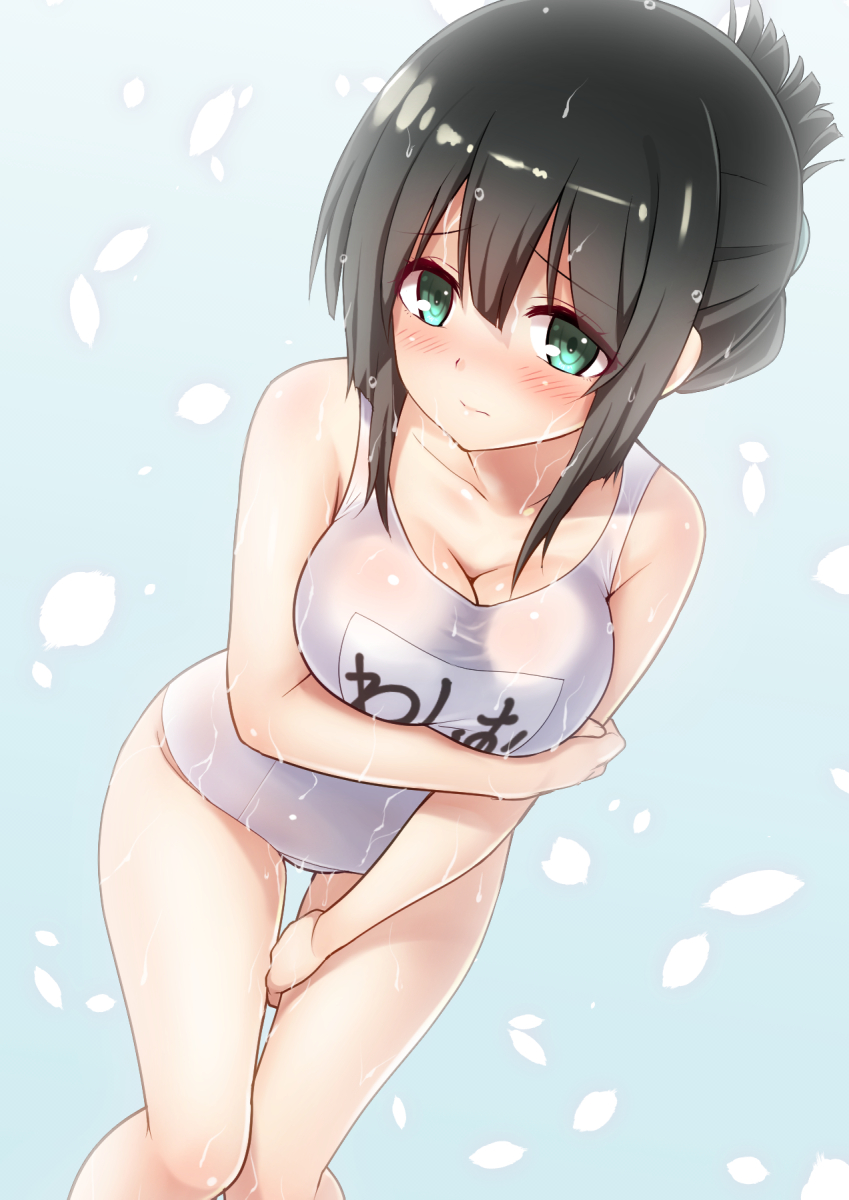 1girl, arm_under_breasts, black_hair, blue_background, blush, breasts, character_name, cleavage