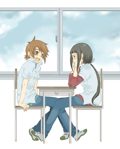 00s, 1boy, 1girl, androgynous, couple, crossdressing, green_hair, hetero