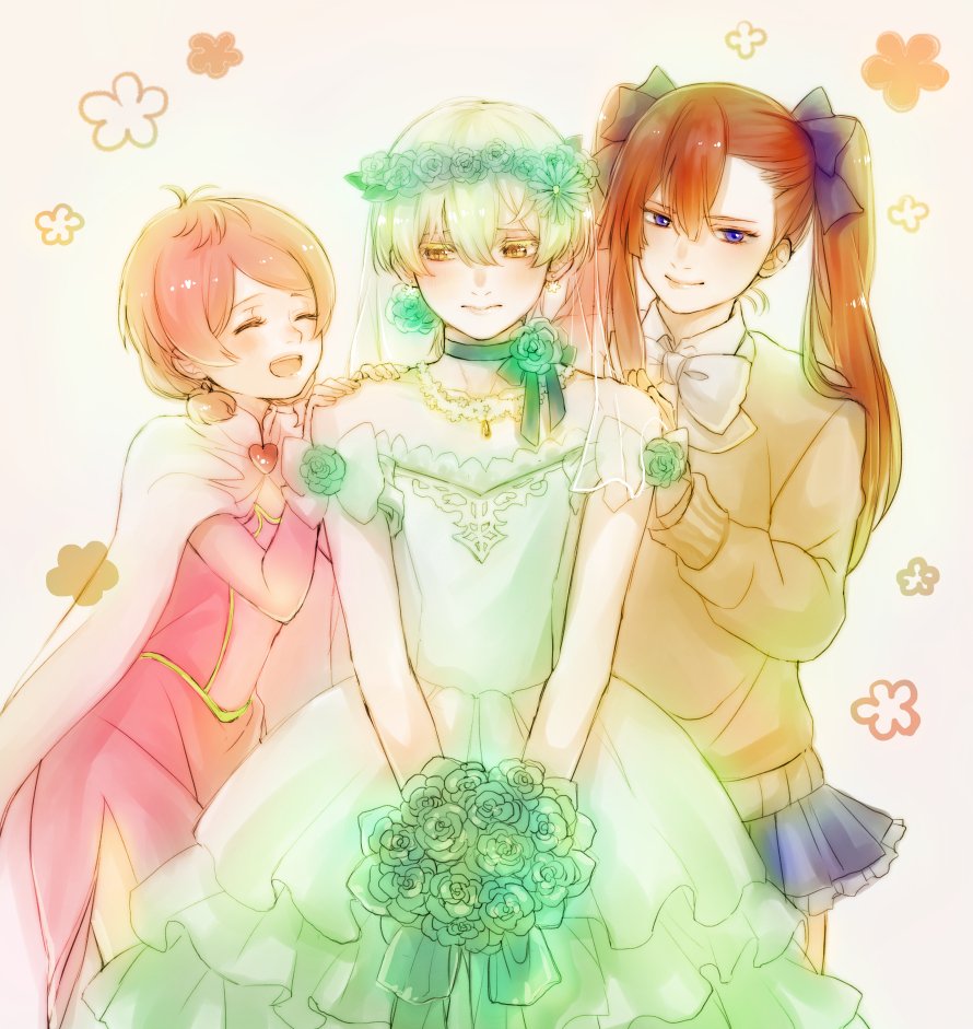 3boys, alternate_costume, androgynous, bouquet, choker, crossdressing, crossdressing_(mtf), dress, flower, king_of_prism, king_of_prism_by_prettyrhythm, kisaragi_louis, male_focus, multiple_boys, pink_hair, pretty_rhythm, pretty_series, red_hair, ribbon, saionji_reo, school_uniform, short_twintails, tachibana_yukinojou, trap, twintails, wedding_dress, white_hair