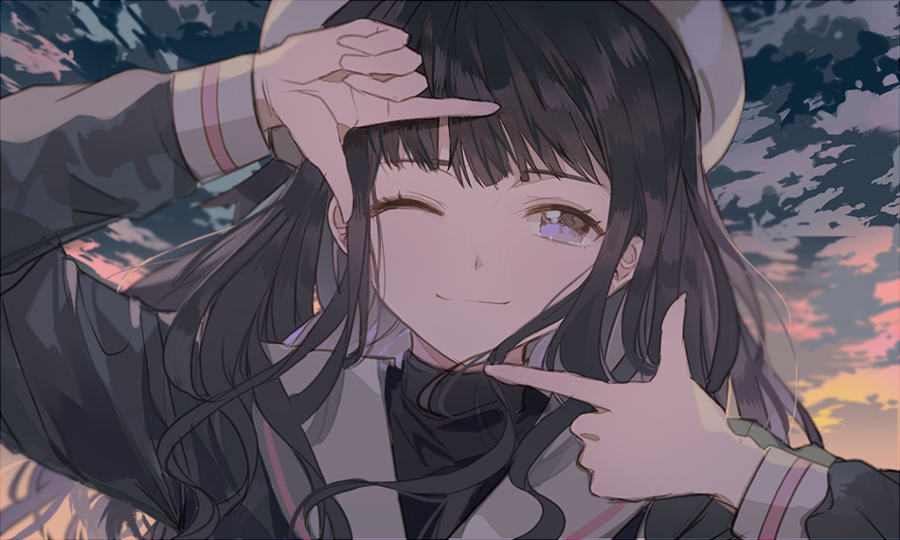 ;), arm_up, beret, black_serafuku, black_shirt, blunt_bangs, blush, brown_hair