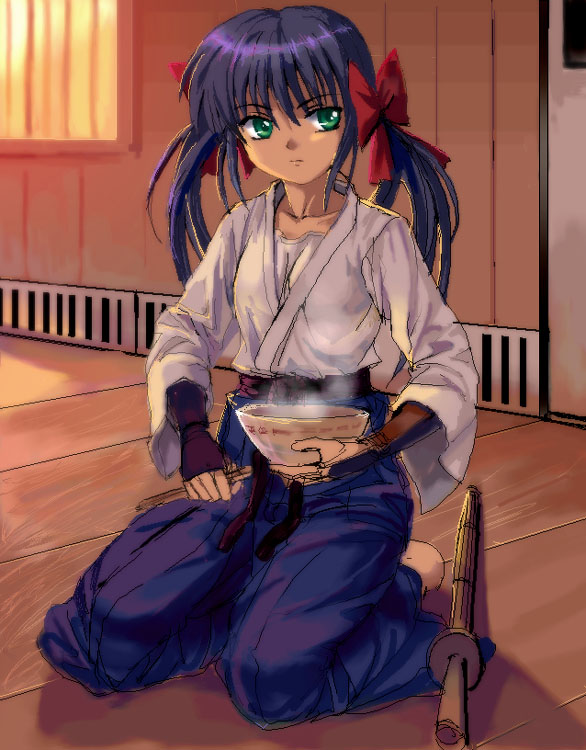 00s, 1girl, arm_guards, armor, blue_hakama, chopsticks, female_focus, food