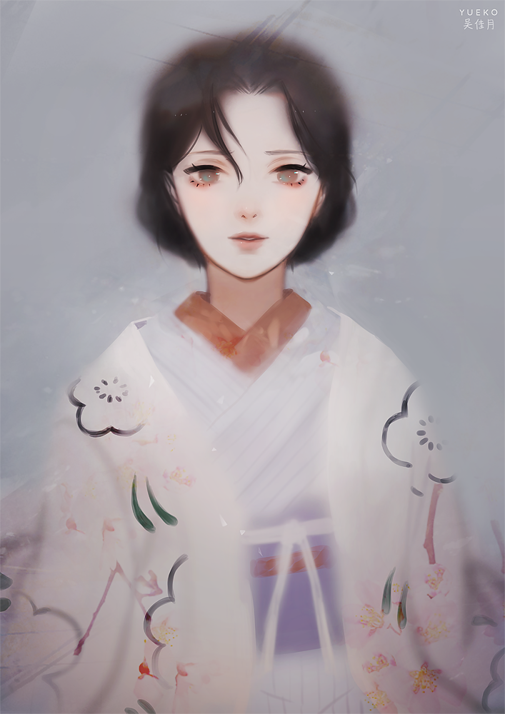 1girl, bad_id, bad_pixiv_id, black_hair, commentary_request, eyelashes, female_focus, floral_print, grey_background, hair_between_eyes, japanese_clothes, kimono, lips, looking_at_viewer, miyokichi, print_kimono, rakugo, sash, short_hair, shouwa_genroku_rakugo_shinjuu, simple_background, solo, string, white_kimono, yueko_(jiayue_wu)