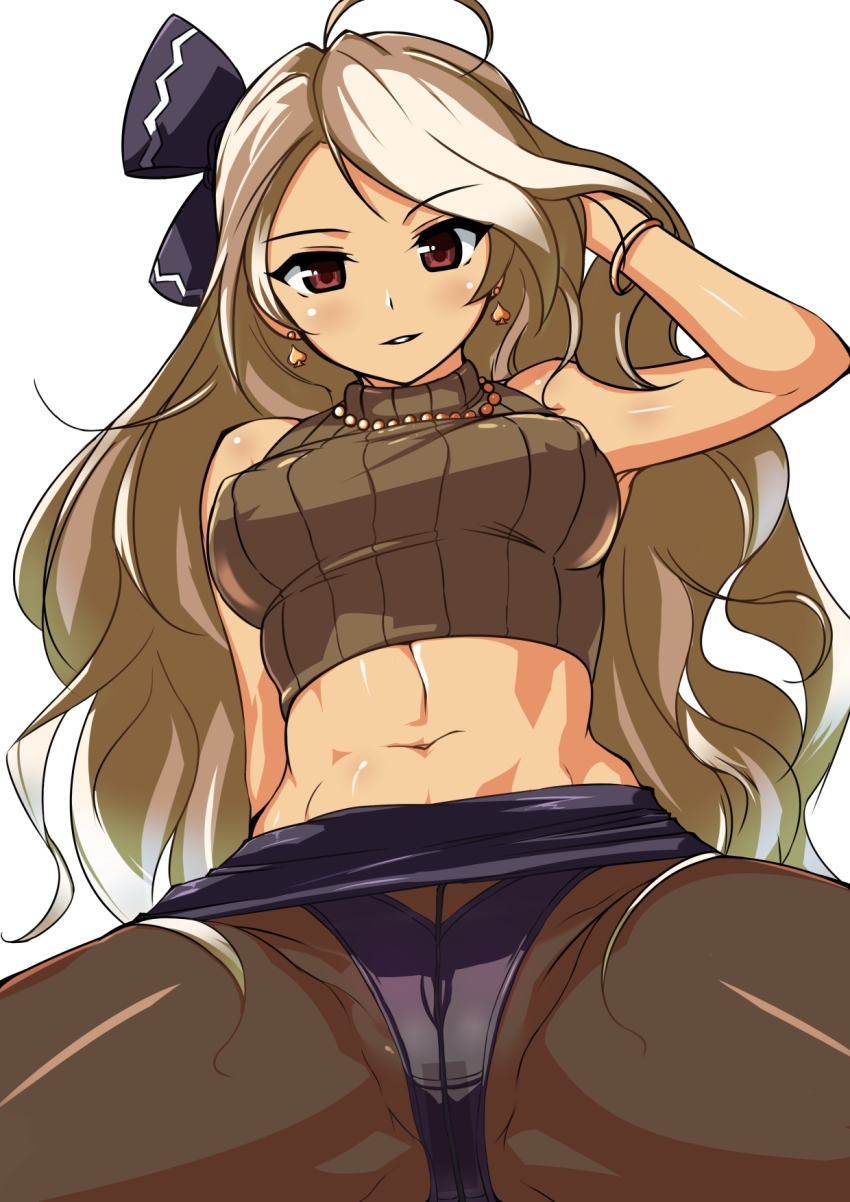 1girl, abs, aegis_(theoryiv), ahoge, armpits, azur_lane, bare_shoulders, blonde_hair, bow, bracelet, brooklyn_(azur_lane), covered_erect_nipples, dark-skinned_female, dark_skin, earrings, female_focus, hair_bow, hand_in_own_hair, highres, jewelry, long_hair, looking_at_viewer, midriff, navel, panties, panties_under_pantyhose, pantyhose, parted_lips, pencil_skirt, purple_panties, red_eyes, skirt, solo, spade_(shape), spade_earrings, spread_legs, underwear