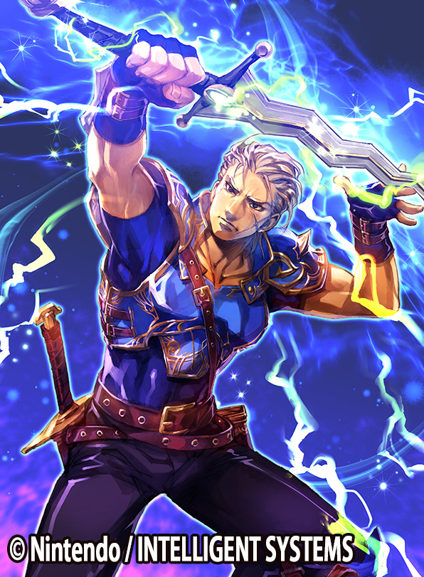 1boy, belt, blonde_hair, brown_eyes, copyright_name, electricity, fingerless_gloves, fire_emblem