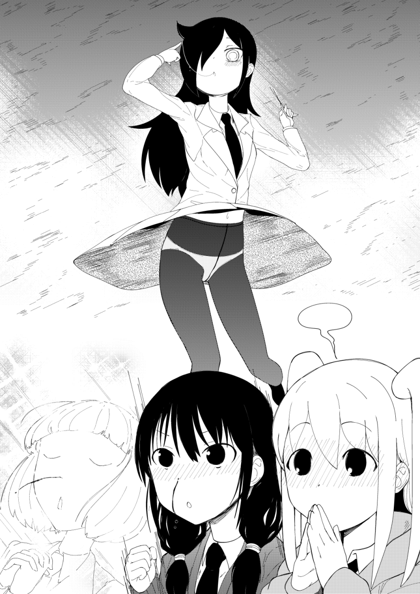 black_hair, blood, blush, crotch_seam, closed_eyes, greyscale, highres, kuroki_tomoko