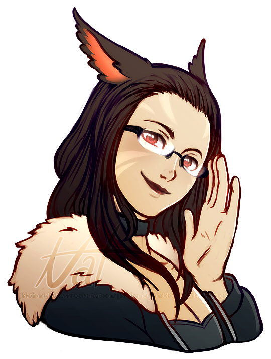 1girl, adjusting_eyewear, animal_ears, breasts, brown_eyes, brown_hair, cat_ears, choker, cleavage, facial_mark, female_focus, final_fantasy, final_fantasy_xiv, glasses, lips, long_hair, looking_at_viewer, miqo'te, nat_(nathaniel), profile, rimless_eyewear, smile, solo, transparent_background, upper_body, watermark