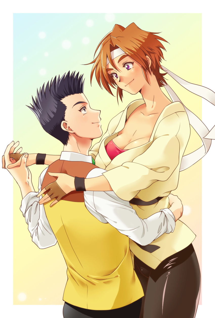 1boy, 1girl, black_eyes, black_hair, blush, breasts, brown_hair, cleavage