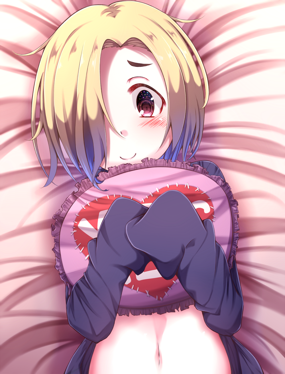 1girl, bed, blonde_hair, blush, clothes_lift, female_focus, hair_over_one_eye, hands_in_opposite_sleeves