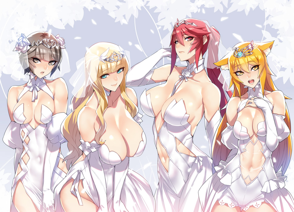 4girls, abs, animal_ears, ban!_(bansankan), blonde_hair, blue_eyes, breasts, bridal_veil, brown_eyes, cat_ears, dress, koku_gensou_wo_item_cheat_de_ikinuku, large_breasts, light_brown_hair, louis_carlson, lyle_raerutiosu, multiple_girls, polygamy, red_eyes, red_hair, sharon_(kokugensou), stelliana, take_your_pick, veil, wedding_dress, yellow_eyes