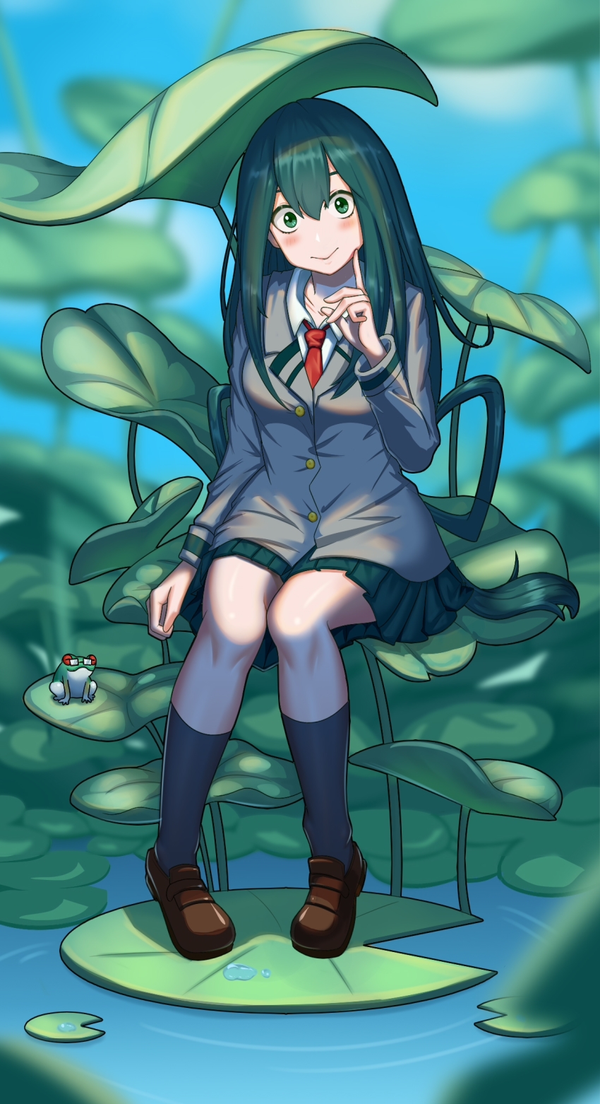 10s, 1girl, asui_tsuyu, black_hair, black_skirt, black_socks, blue_sky, blush