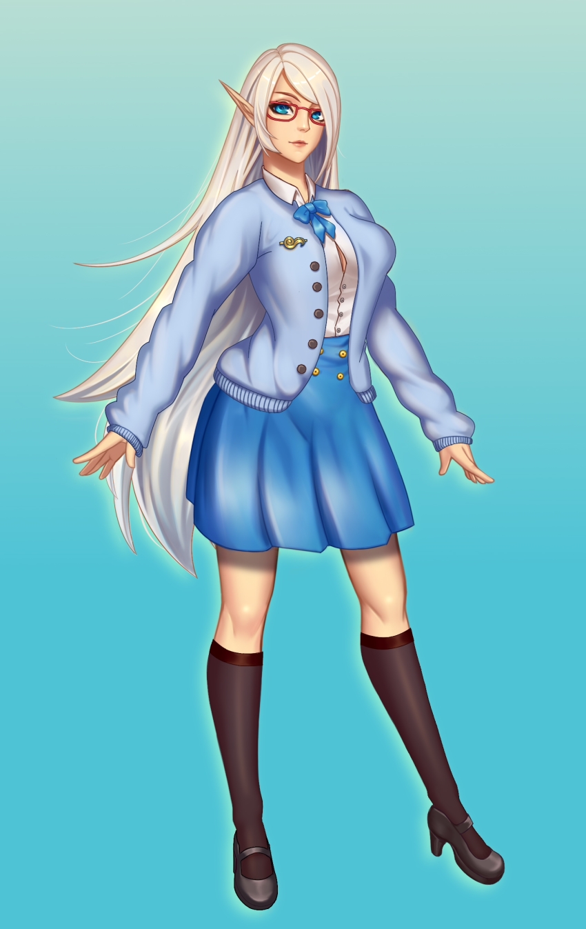 1girl, alternate_costume, black_shoes, black_thighhighs, blue_background, blue_bow, blue_eyes, blue_skirt