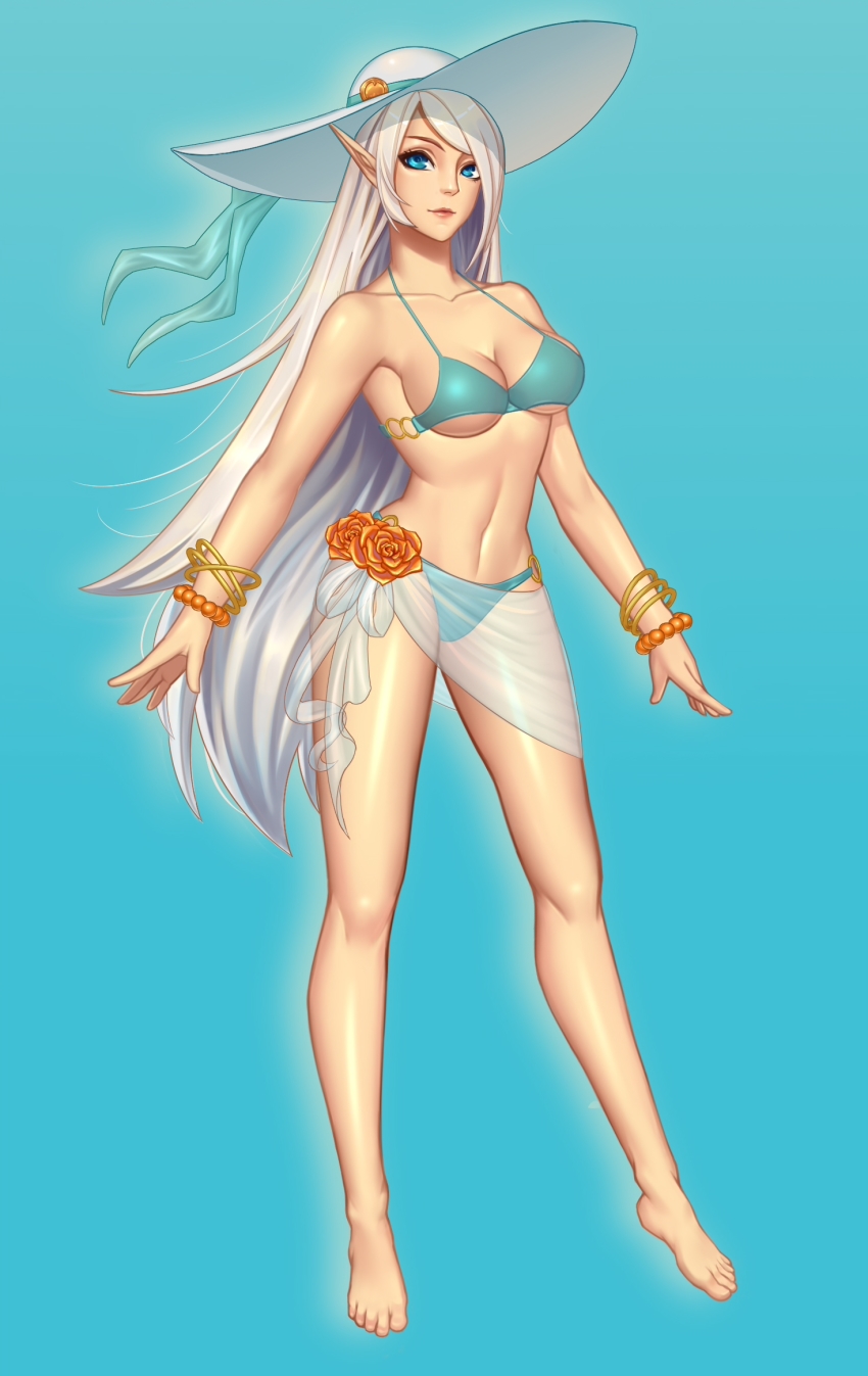 1girl, bangle, barefoot, bikini, blue_background, blue_bikini, blue_eyes, bracelet, breasts, elf, female_focus, flower, full_body, hat, highres, janna_(league_of_legends), jewelry, kokoala, league_of_legends, long_hair, looking_at_viewer, medium_breasts, navel, o-ring, o-ring_bikini, pointy_ears, solo, standing, swimsuit, very_long_hair, white_hair, white_hat