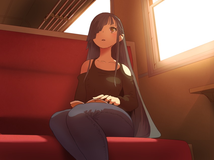 1girl, black_shirt, blouse, book, book_on_lap, brown_eyes, clothing_cutout, collarbone