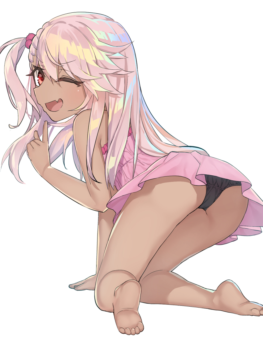 1girl, ;d, all_fours, arm_support, ass, asymmetrical_bangs, bare_legs, barefoot, black_panties, chloe_von_einzbern, dark-skinned_female, dark_skin, dress, fang, fate/kaleid_liner_prisma_illya, fate_(series), female_focus, finger_to_mouth, foreshortening, frilled_dress, frills, from_behind, gobou_no_ki, hair_between_eyes, hand_up, highres, index_finger_raised, kneeling, leaning_to_the_side, long_hair, looking_at_viewer, looking_back, multicolored_hair, one_eye_closed, open_mouth, panties, pantyshot, pink_dress, pink_hair, pink_theme, pleated_dress, red_eyes, shushing, side_ponytail, sideways_mouth, simple_background, smile, soles, solo, swept_bangs, underwear, v-shaped_eyebrows, white_background