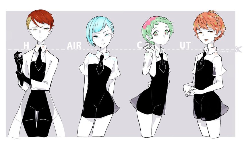 4others, adjusting_clothes, adjusting_gloves, alternate_hair_length, alternate_hairstyle, androgynous, black_gloves, black_neckwear