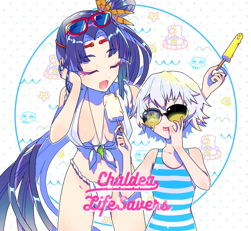 2girls, alternate_costume, black_hair, breasts, charles_babbage_(fate), closed_eyes, english_text, eyewear_on_head