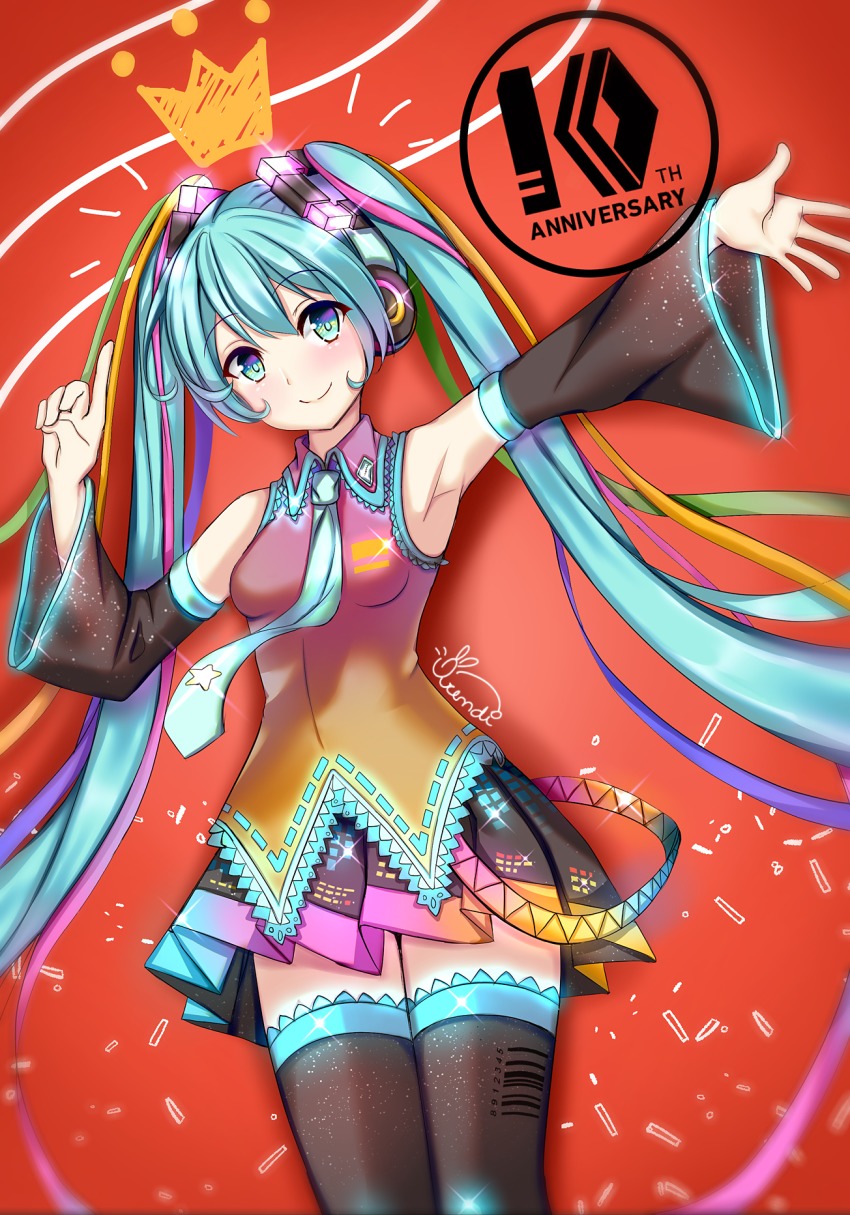 1girl, anniversary, aqua_eyes, aqua_hair, aqua_necktie, arm_up, armpits, barcode