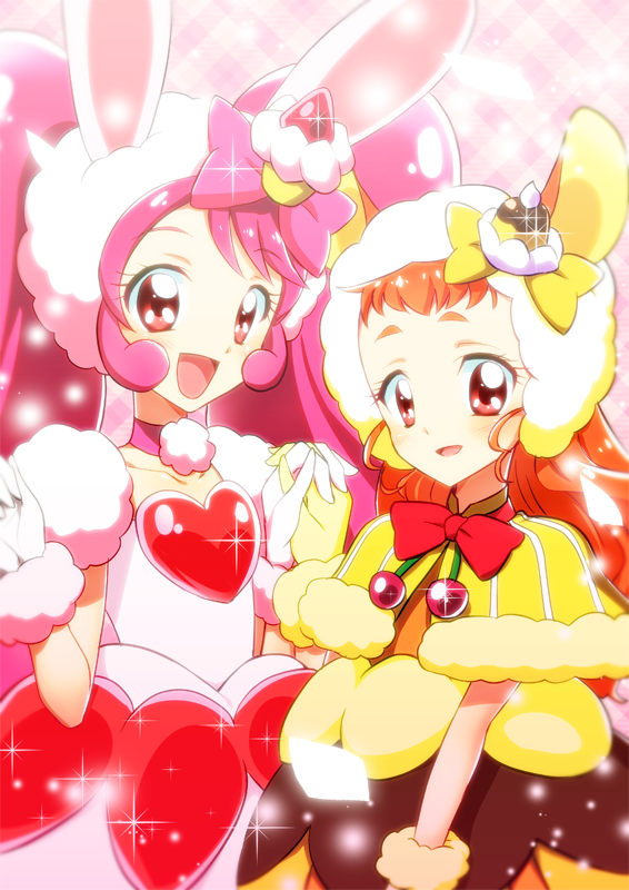 10s, 2girls, a_la_mode_style_(precure), animal_ears, arisugawa_himari, bow, cake, cake_hair_ornament