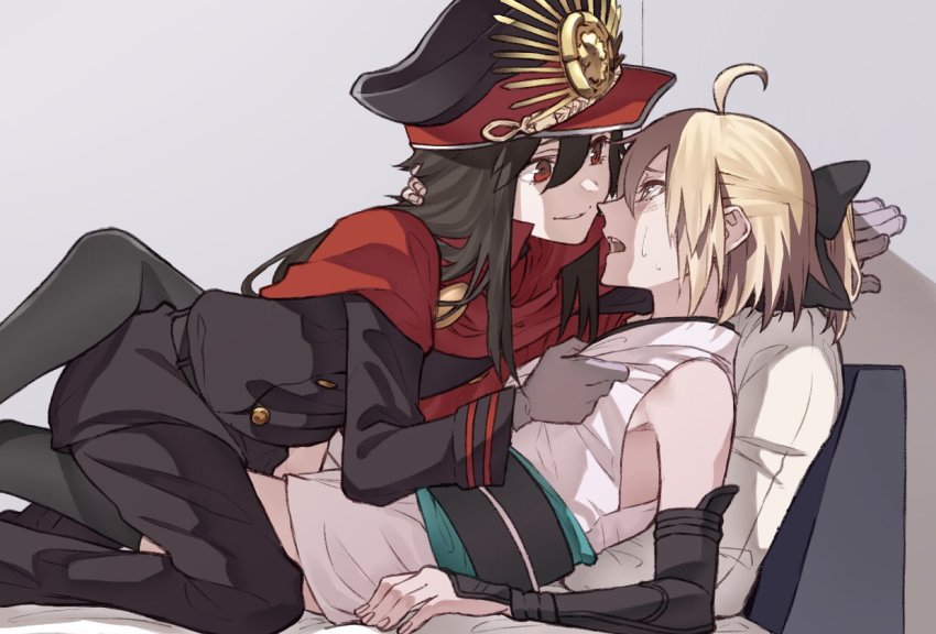 2girls, ahoge, belt, black_hair, blonde_hair, cape, fate_(series), hair_ribbon