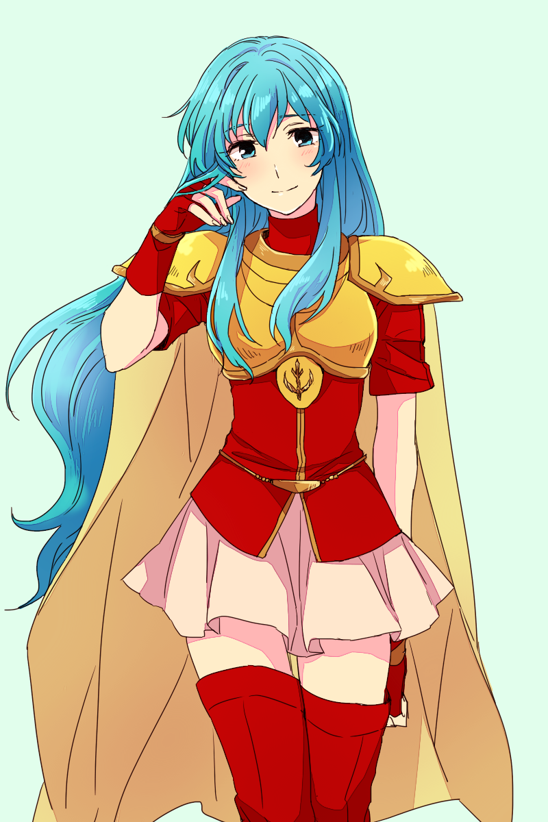 1girl, 31sgic, aqua_eyes, aqua_hair, armor, blouse, blue_background, blush, boots, breastplate, cape, cowboy_shot, eirika_(fire_emblem), female_focus, fingerless_gloves, fire_emblem, fire_emblem:_the_sacred_stones, gloves, hair_between_eyes, hand_in_own_hair, highres, looking_at_viewer, miniskirt, nintendo, red_gloves, red_thighhighs, shirt, simple_background, sketch, skirt, smile, solo, thigh_boots, thighhighs, turtleneck, zettai_ryouiki