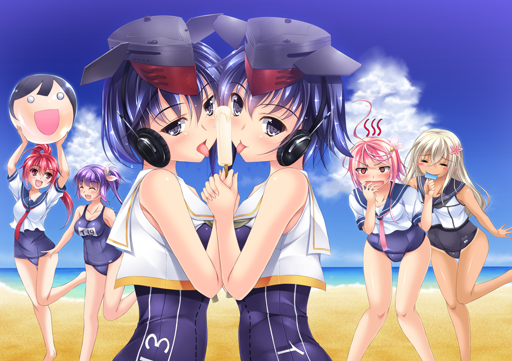 6+girls, asanuma_katsuaki, asymmetrical_hair, ball, beach, black_hair, blonde_hair, blue_hair