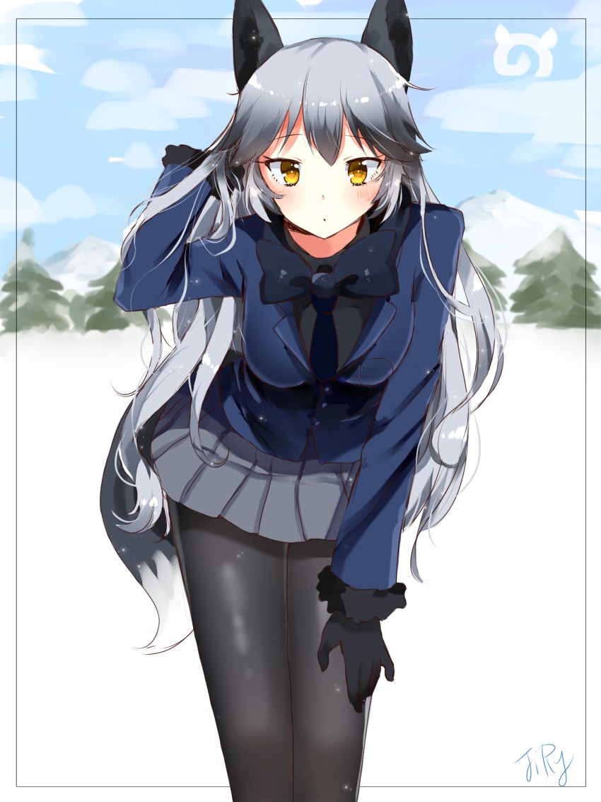 10s, 1girl, animal_ears, black_bow, black_neckwear, black_pantyhose, blue_jacket, blush