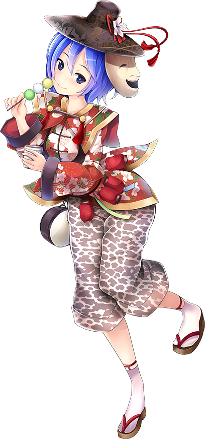 1girl, black_hat, blue_hair, cup, dango, female_focus, flower, food