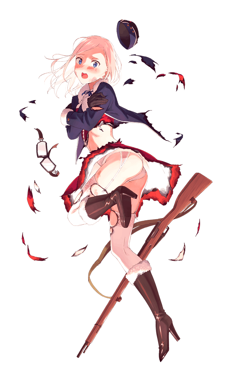 1girl, :o, alevetz_novoseltsova, ass, black_boots, black_gloves, blonde_hair, blue_eyes, boots, covering_breasts, covering_privates, dress, female_focus, formation_girls, from_side, full_body, gloves, goggles, gun, hat, high_heel_boots, high_heels, highres, kinta_(distortion), knee_boots, military_hat, official_art, panties, pantyshot, red_dress, rifle, solo, thighhighs, torn_clothes, torn_dress, torn_thighhighs, transparent_background, underwear, unworn_goggles, unworn_hat, unworn_headwear, weapon, white_panties, white_thighhighs