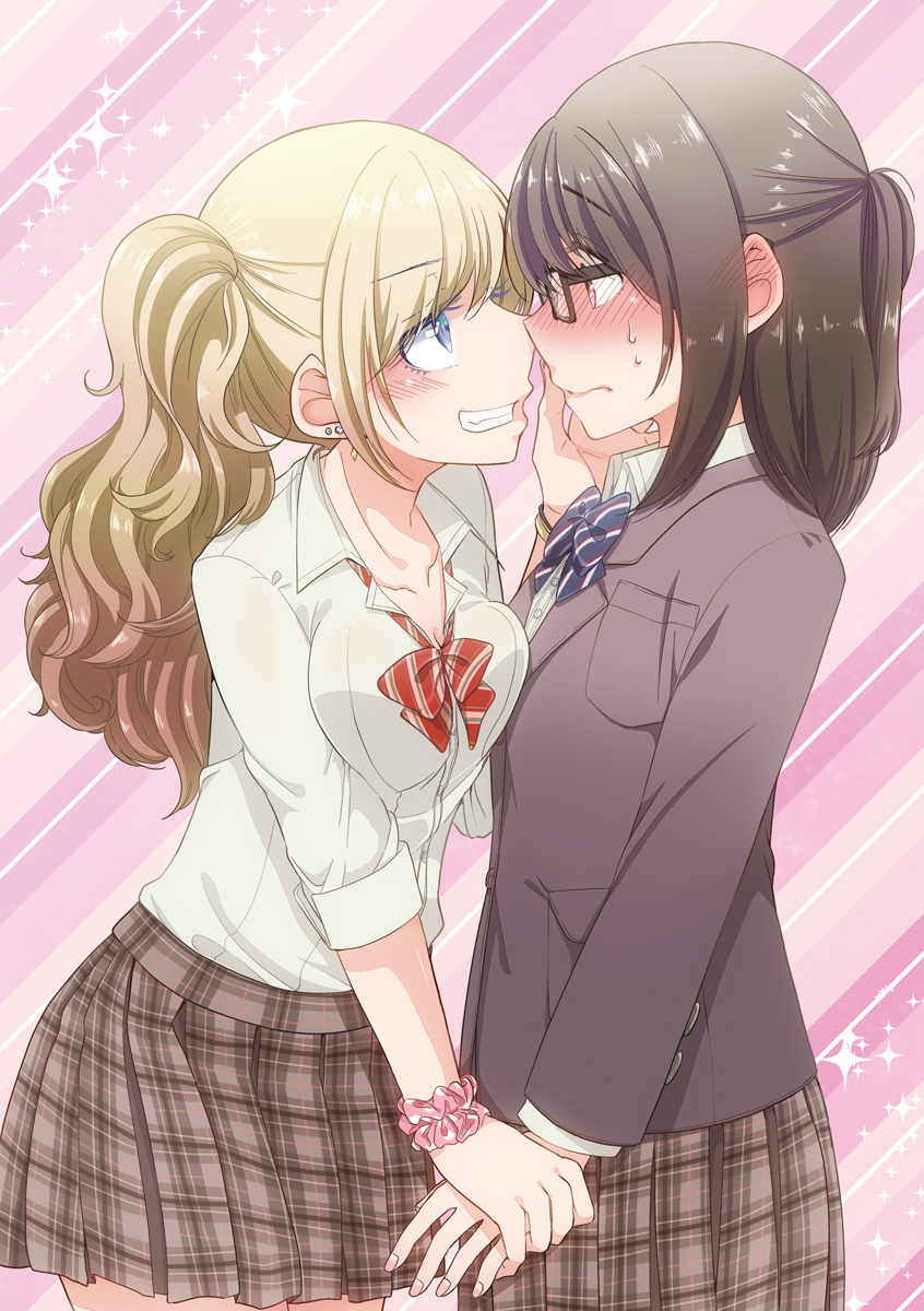 2girls, ajiichi, blazer, blonde_hair, blue_eyes, blush, breast_pocket, breasts