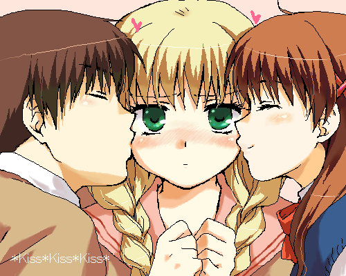00s, 1boy, 2girls, bisexual_female, blush, boy_and_girl_sandwich, braid, english_text