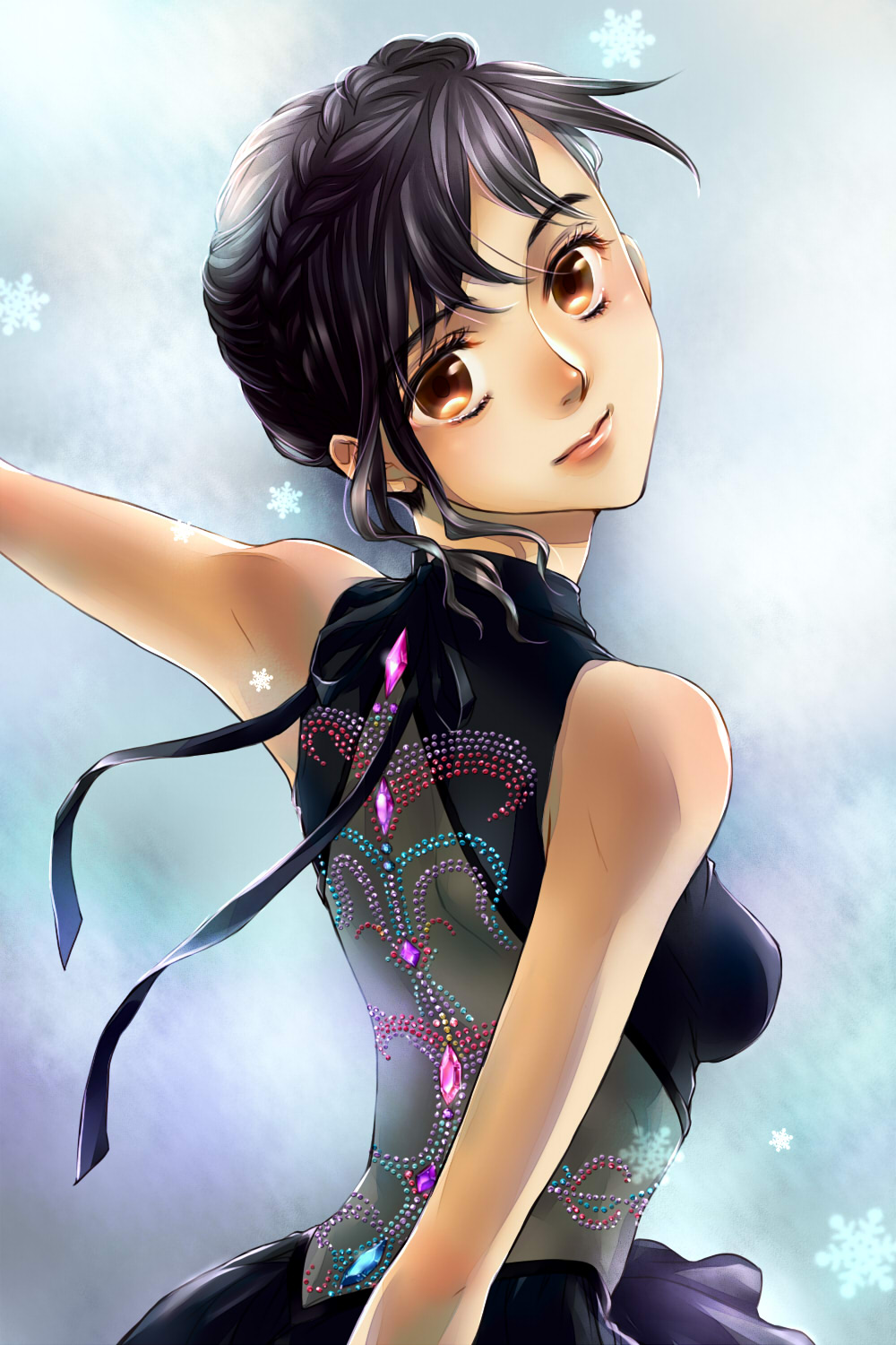 1girl, arm_up, black_hair, braid, brown_eyes, female_focus, french_braid, genderswap