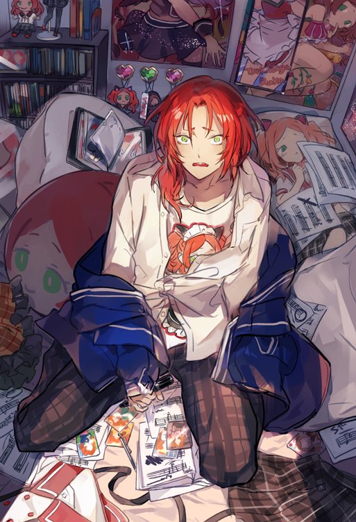 1boy, bedroom, bookshelf, character_doll, dakimakura_(object), doll, ensemble_girls!, ensemble_stars!, figure, green_eyes, hanging_scroll, itefu, kimisaki_school_uniform, kneeling, male_focus, marker, merchandise, messy_room, omanjuu_mascot, orange_hair, pants, photo_album, pillow, plaid_clothes, plaid_pants, plaid_skirt, pleated_skirt, ponytail, poster_(object), pov, school_uniform, scroll, sheet_music, skirt, solo, stuffed_toy, tsukinaga_leo, tsukinaga_ruka, walk-in