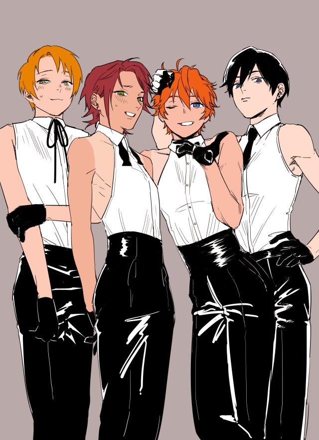 4boys, akehoshi_subaru, alternate_costume, bad_id, bad_twitter_id, black_hair, blonde_hair, bow