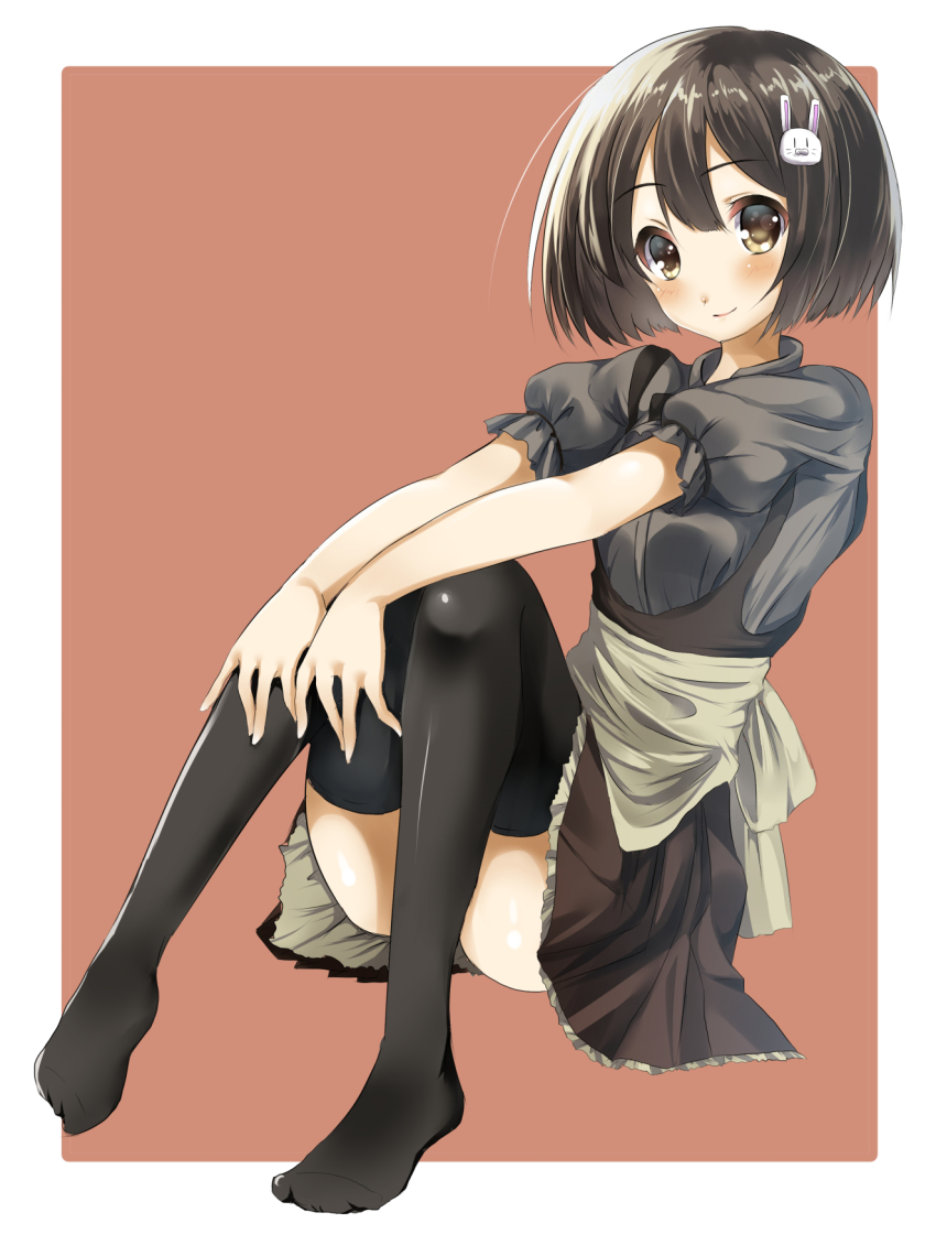 1girl, apron, black_hair, black_shirt, black_thighhighs, blush, bob_cut, brown_eyes