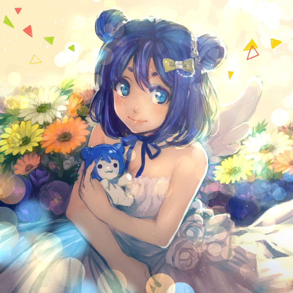 1girl, blue_eyes, character_doll, daisy_(flower), doll, double_bun, ensemble_girls!, female_focus