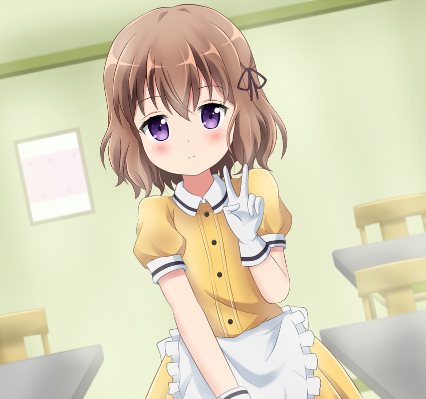 1girl, blend_s, blush, brown_hair, chair, dutch_angle, female_focus, gloves