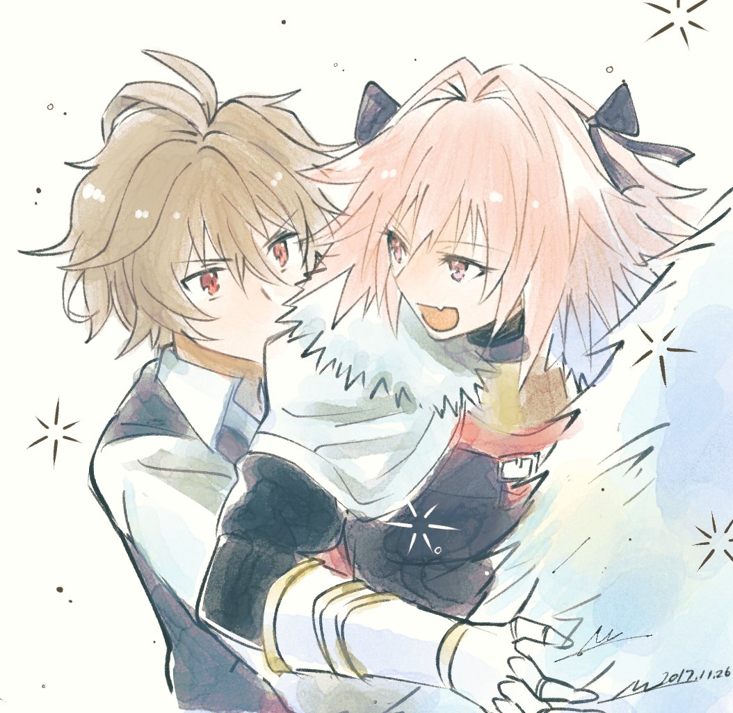 2boys, ahoge, armor, astolfo_(fate), astolfo_(rider)_(fate), black_bow, black_dress, bow, braid, braided_ponytail, brown_hair, cape, cloak, commentary, crossdressing, crossdressing_(mtf), dress, fang, fate/apocrypha, fate_(series), fur-trimmed_cloak, fur_trim, gauntlets, hair_bow, hair_ornament, hippogriff_(fate), hug, hug_from_behind, long_sleeves, looking_at_another, looking_back, male_focus, multicolored_hair, multiple_boys, multiple_hair_bows, nuu_(liebe_sk), pink_eyes, pink_hair, red_eyes, shirt, short_hair, sieg_(fate), single_hair_streak, skin_fang, trap, two-tone_hair, vest, waistcoat, white_cape, white_cloak, white_hair, white_shirt, yaoi