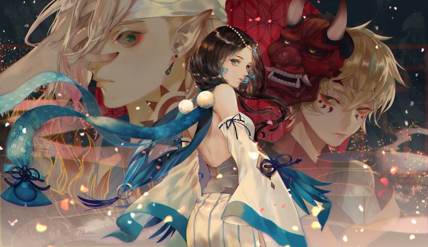 ass, bare_back, black_hair, blue_eyes, closed_mouth, commentary_request, detached_sleeves, facial_mark