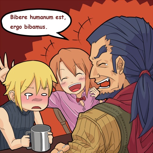 1girl, 2boys, ^_^, atlus, beard, blonde_hair, blue_facial_hair, blue_hair