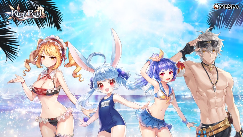 1boy, 3girls, adjusting_eyewear, ahoge, aisha_(king's_raid), animal_ears, arm_up, armpits